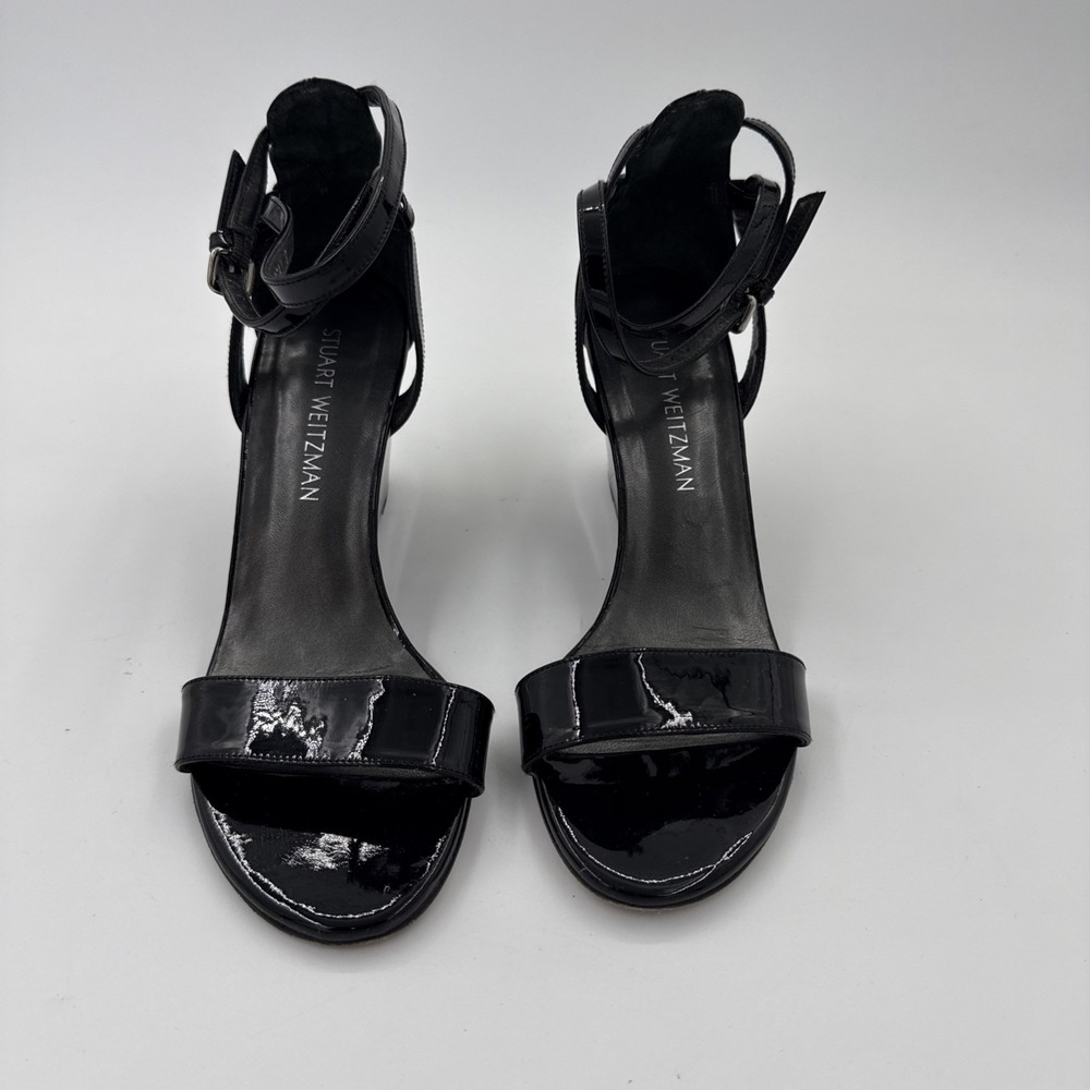 Stuart Weitzman Nearly Nude Ankle Strap Sandals Patent Black Size 8M